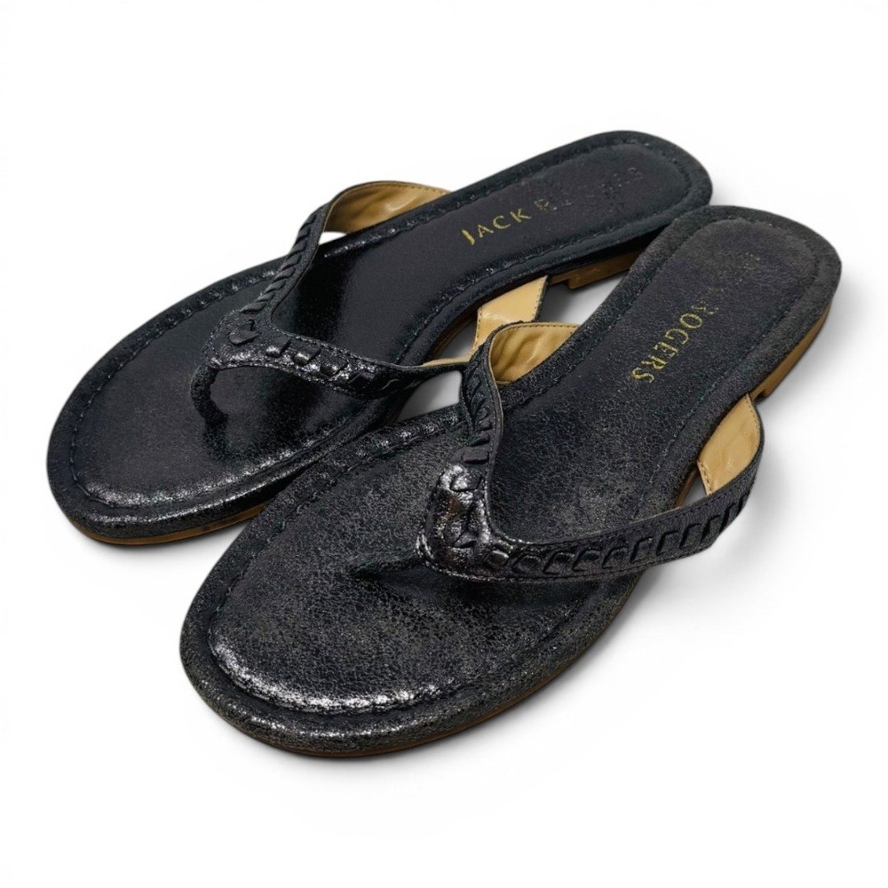 Jack Rogers Metallic Pewter Leather Thong Sandals Whipstitch Slides Flats Size 7